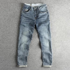Knitted Fabric Simple Embroidery Embellished Retro Distressed Jeans Men's Slim Fit Spring and Summer Youth Long Pants
