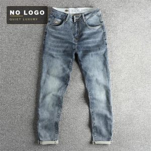 Knitted Fabric Simple Embroidery Embellished Retro Distressed Jeans Men's Slim Fit Spring and Summer Youth Long Pants