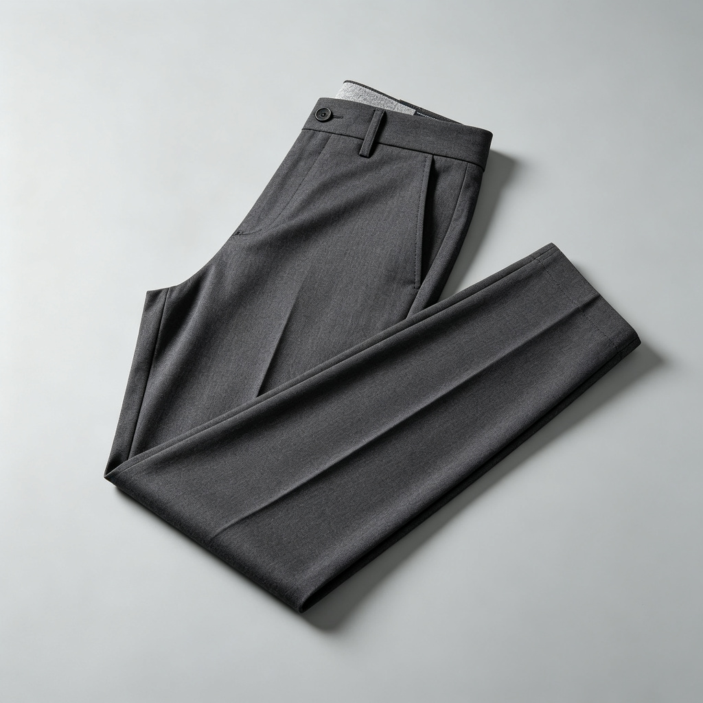 Tapered stretch slim leg trousers laid flat to show the narrow leg opening