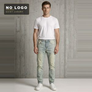 Retro Light Blue Washed Vintage Jeans for Men with Cloud Embroidery on the Back Pocket, Slim Fit Tapered Straight-Leg Pants with Slight Stretch