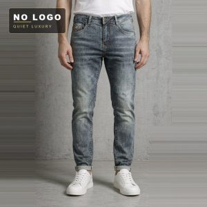 Knitted Fabric Simple Embroidery Embellished Retro Distressed Jeans Men's Slim Fit Spring and Summer Youth Long Pants