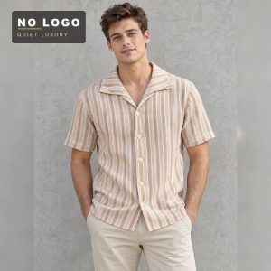 One-Piece Collar Jacquard Striped Short-Sleeve Shirt for Men, American Trend Old-Money Style, Loose Simple Shirt