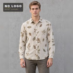 Lyocell Linen Blend Leaf-Motif Relaxed Printed Long-Sleeve Shirt for Men, Loose Versatile Comfort