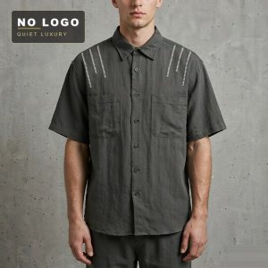 Embroidered Lyocell Linen Blend Old-Money Short-Sleeve Shirt for Men, Simple Pocket, Loose Comfortable Shirt